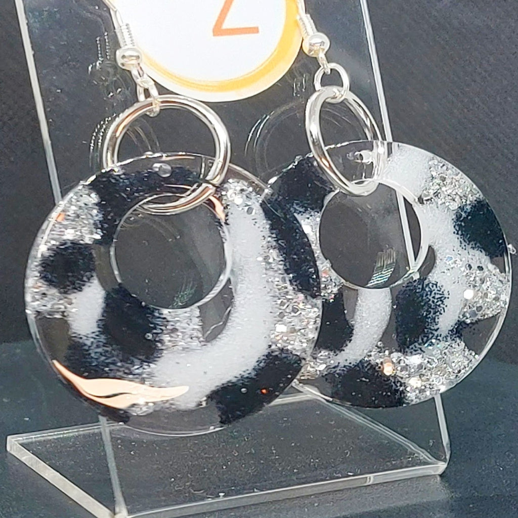 Black White Silver Round Glitter Earrings