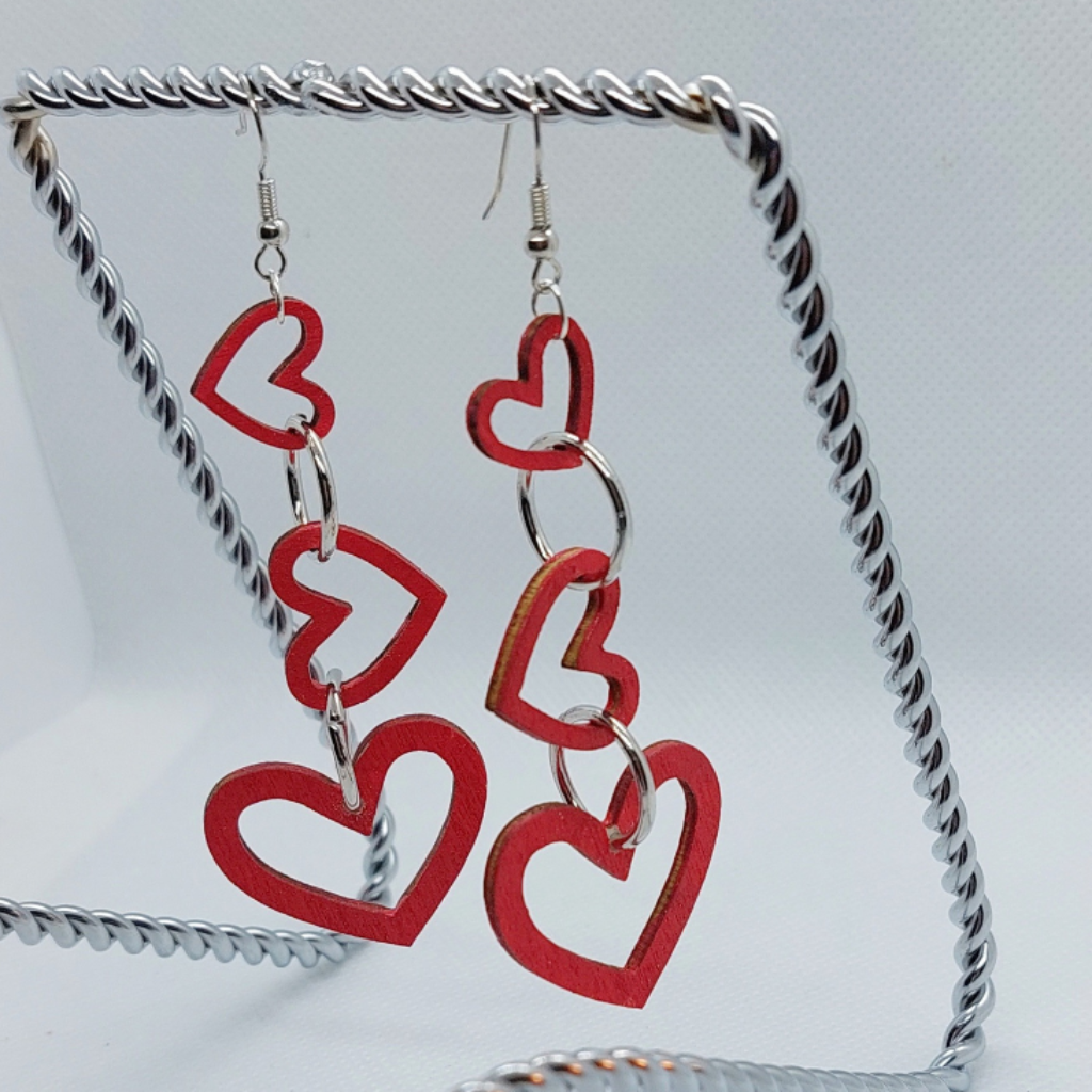 3 Hearts Wooden Earrings