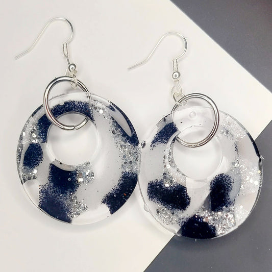 Black White Silver Round Glitter Earrings