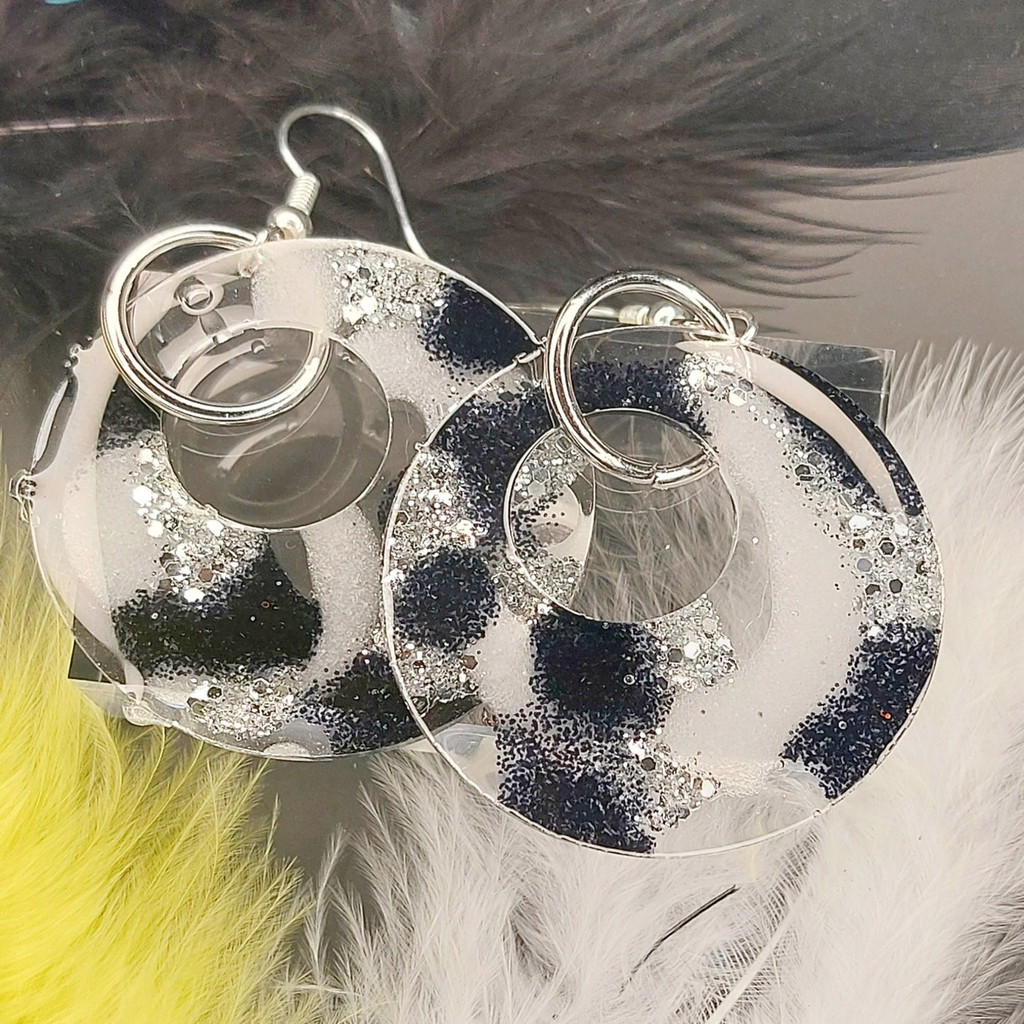 Black White Silver Round Glitter Earrings