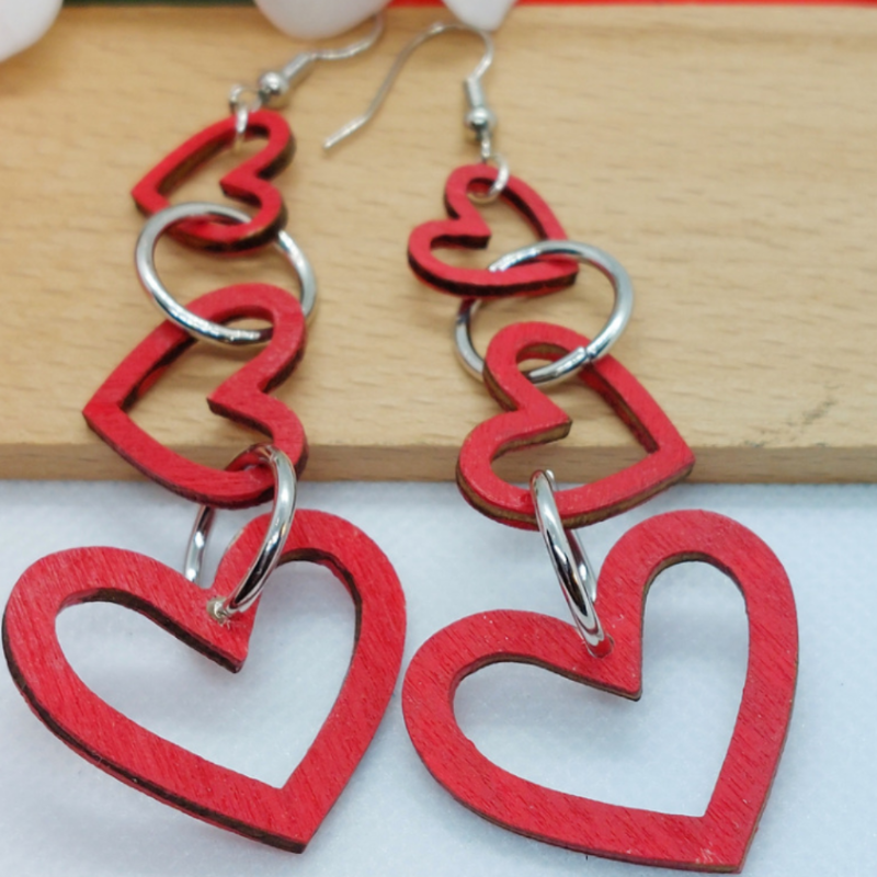 3 Hearts Wooden Earrings
