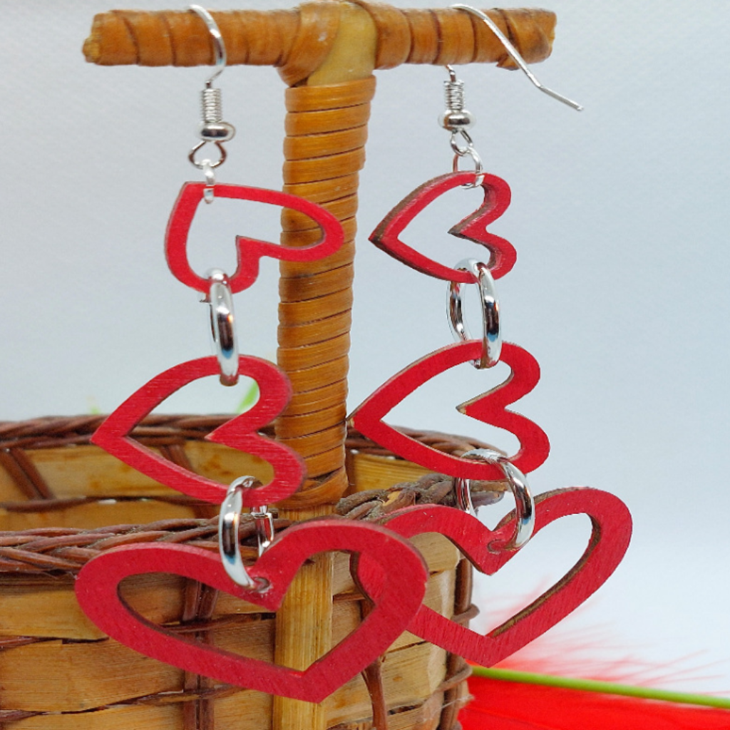 3 Hearts Wooden Earrings